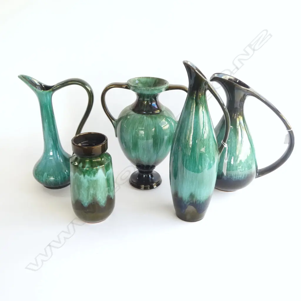 3 BLUE MOUNTAIN TALL JUGS H390MM TALLEST & 2 VASES ALL GREEN COLOURED  Image 1++