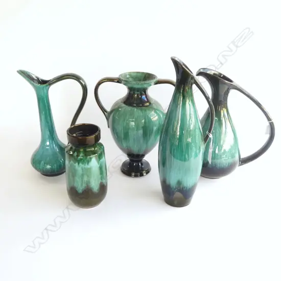 3 BLUE MOUNTAIN TALL JUGS H390MM TALLEST & 2 VASES ALL GREEN COLOURED 