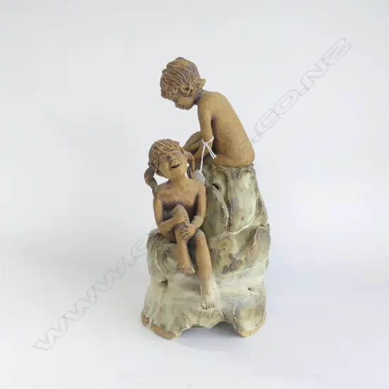 STUDIO POTTERY WATER FOUNTAIN; 2 CHILDREN H.390mm