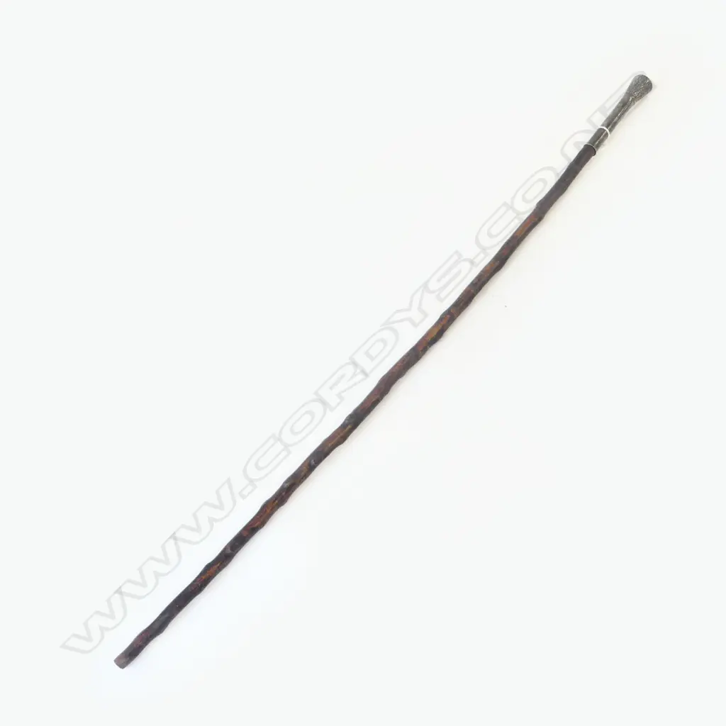 OLD SILVER PLATE HANDLED WALKING STICK KNOBBLY WOOD SHAFT L.1030mm Image 1++