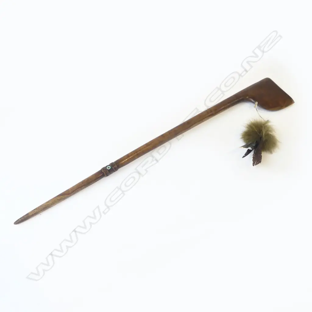 MAORI  CARVED HARDWOOD TEWHATEWHA good polish & graining. With bound feather plume attached. L.1055mm Image 1++