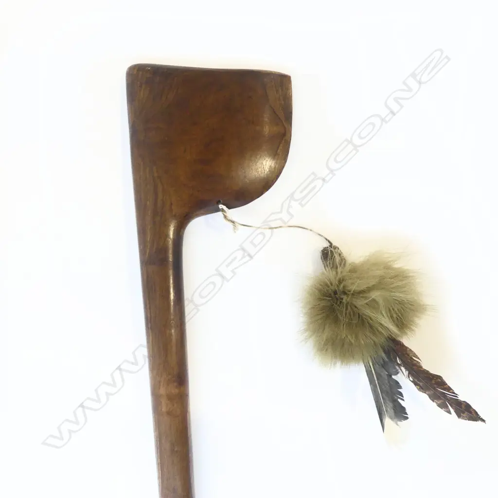 MAORI  CARVED HARDWOOD TEWHATEWHA good polish & graining. With bound feather plume attached. L.1055mm Image 1++
