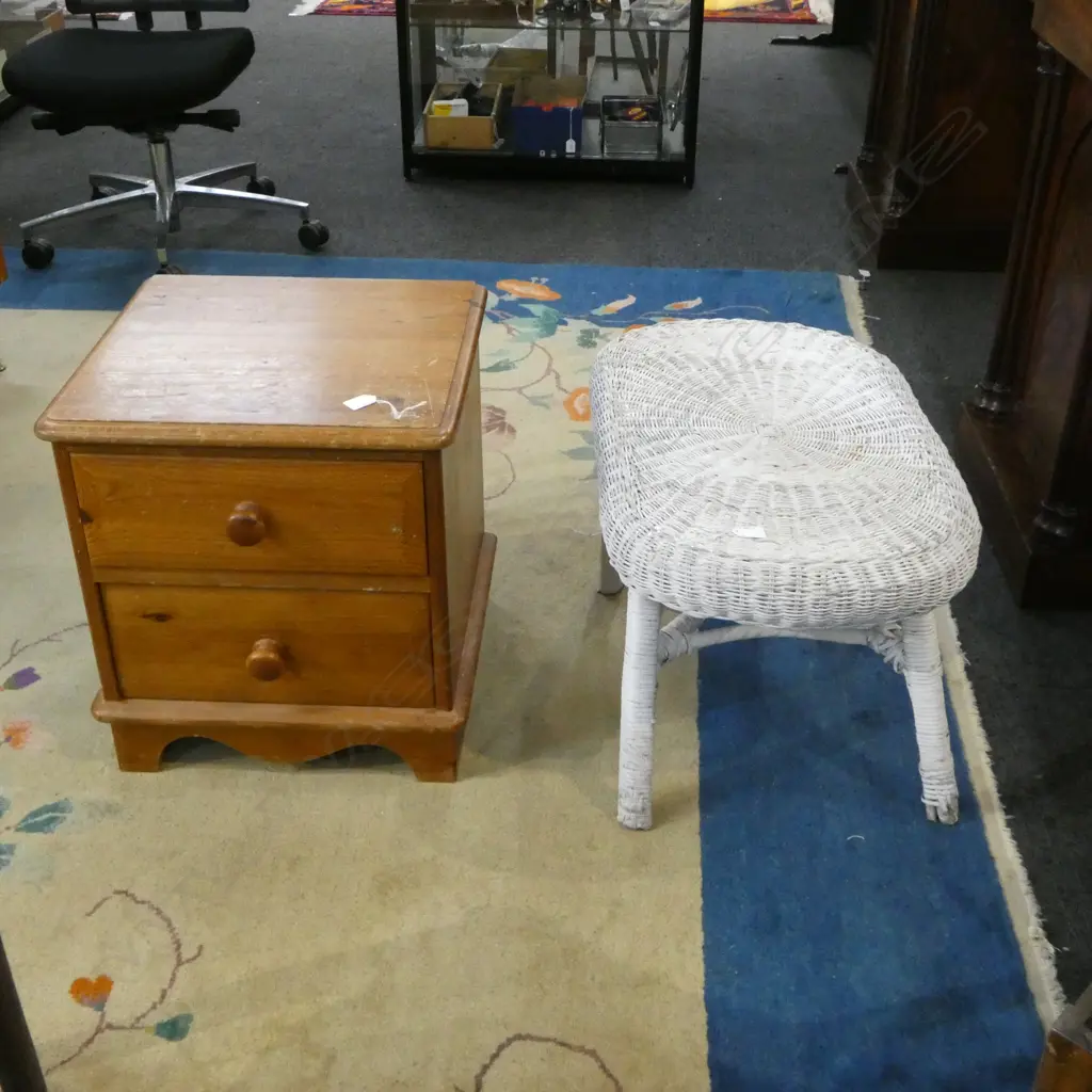 PINE 2 DRAWER BEDSIDE TABLE & CANE STOOL W.700mm Image 1++