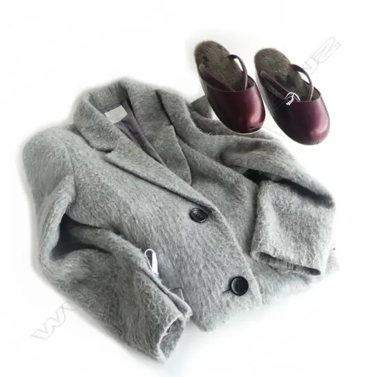 WOMENS GREY MOHAIR WINTER COAT & PR  JAPANESE SEAL FUR LINED SHOES 