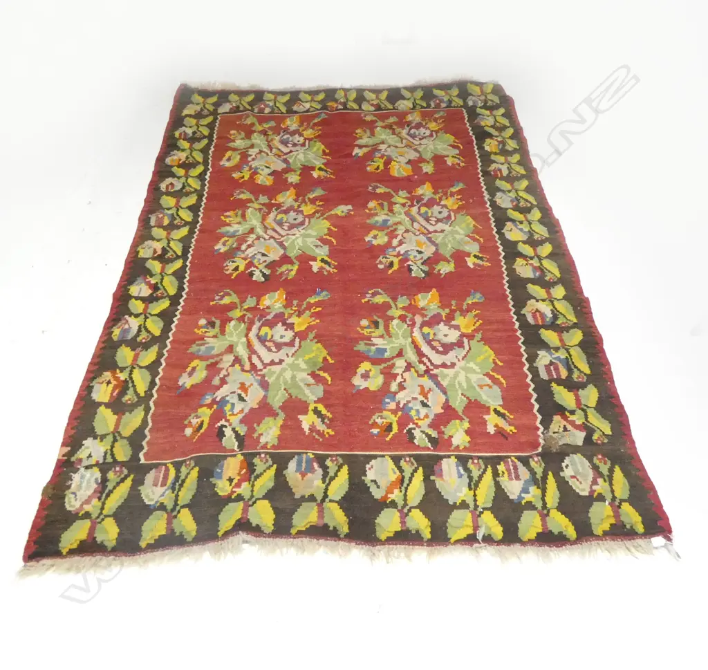 LARGE VINTAGE KELIM RUG RED BACKGROUND SOME REPAIRS L2900 W2000 Image 1++