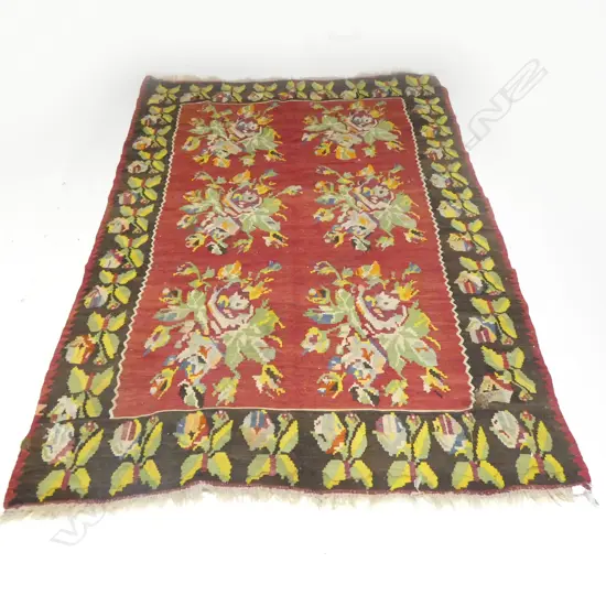 LARGE VINTAGE KELIM RUG RED BACKGROUND SOME REPAIRS L2900 W2000