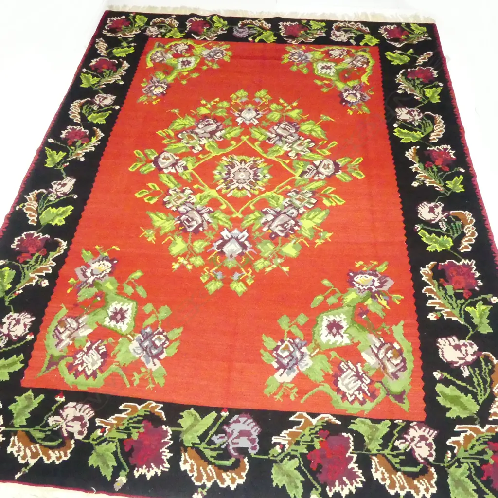 LARGE KELIM RUG RED BLACK & GREEN  FLORAL PAT L3300 W2480MM Image 1++