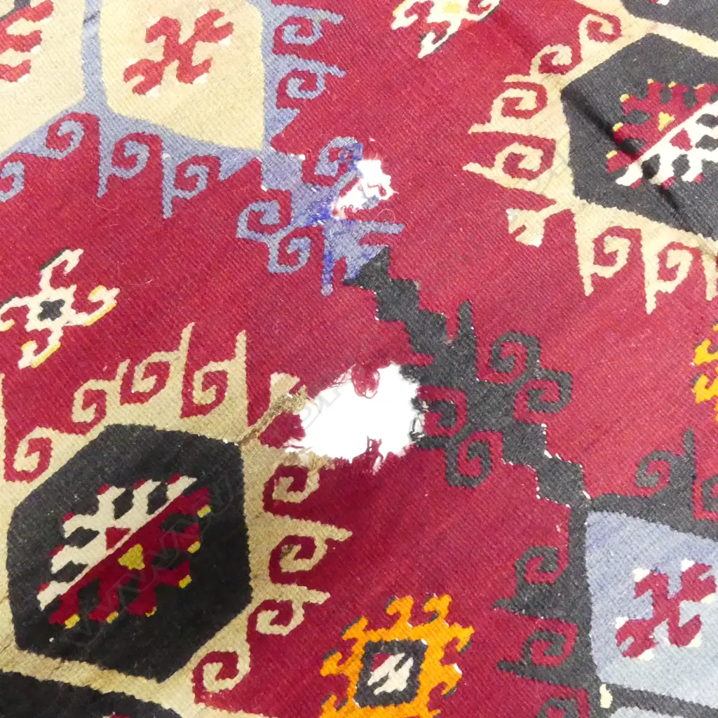 LARGE VINTAGE KELIM RUG RED BACKGROUND GEOMETRIC PAT SOME DAMAGE L3800 W2800MM Image 1++