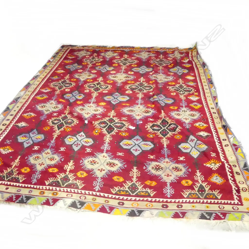 LARGE VINTAGE KELIM RUG RED BACKGROUND GEOMETRIC PAT SOME DAMAGE L3800 W2800MM Image 1++