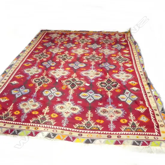 LARGE VINTAGE KELIM RUG RED BACKGROUND GEOMETRIC PAT SOME DAMAGE L3800 W2800MM