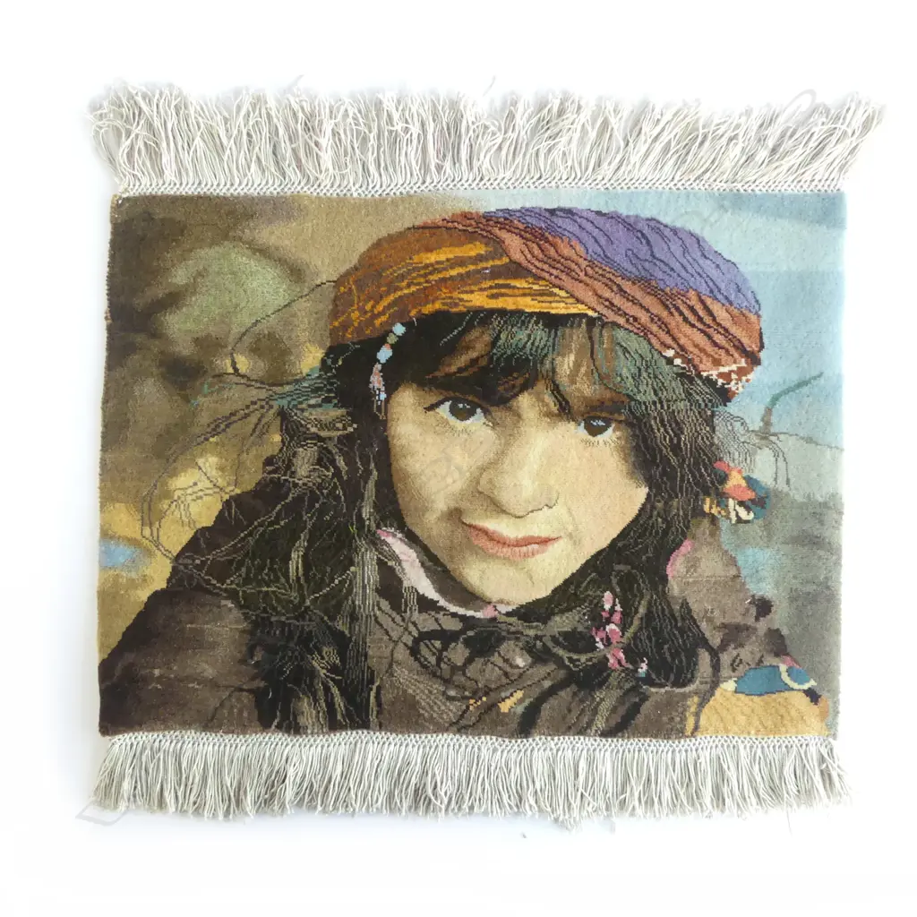 FINELY KNOTTED PERSIAN PICTURE RUG of a girl in traditional dress. Wool on cotton. 450 x 600mm Image 1++