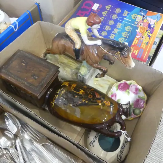 7 PCES, R. DOULTON DEWARS WHISKY BOTTLE (REPAIRED), BESWICK HORSE RIDER, AUCKLAND EXH. 1913 BOX ETC