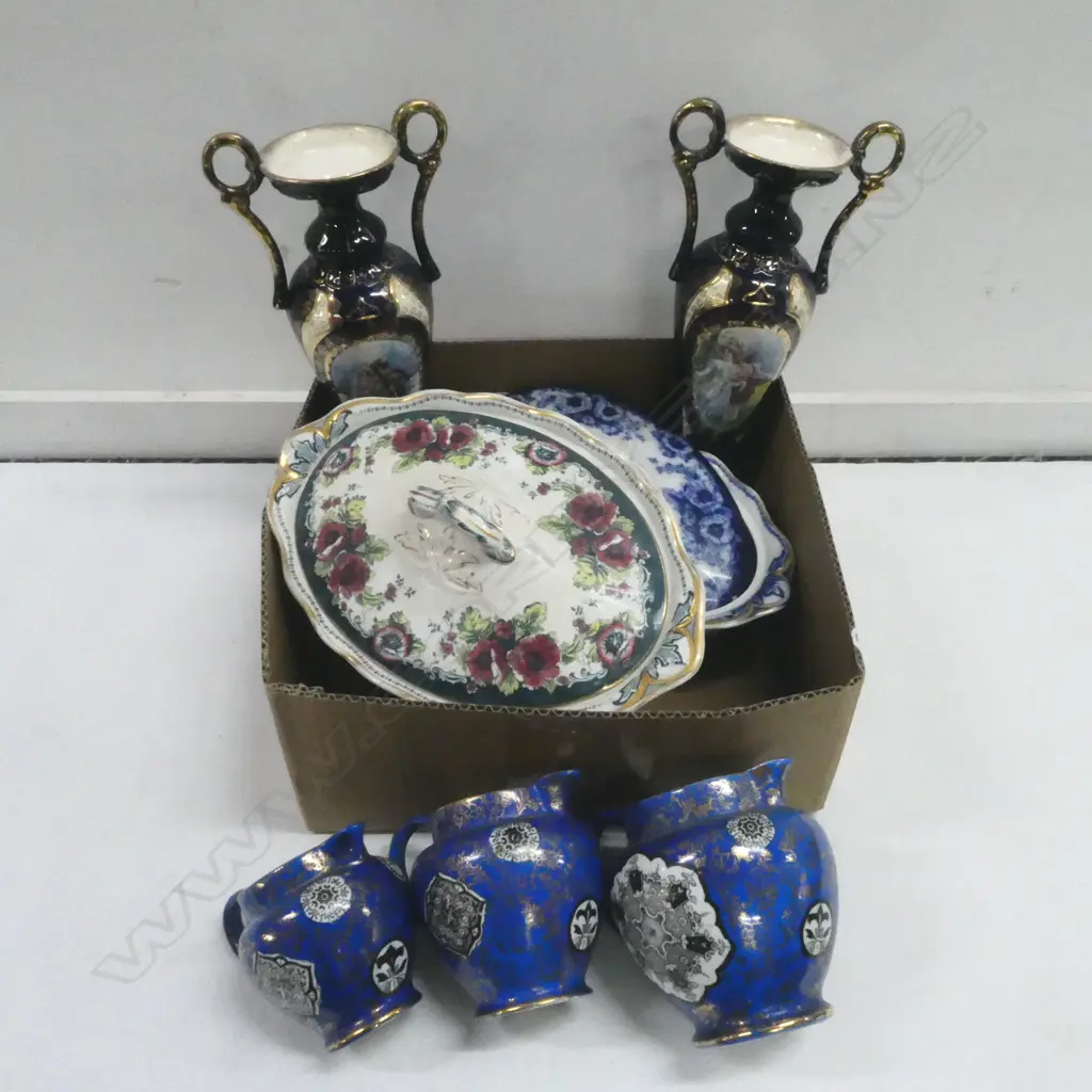 BOX OF EDWARDIAN CHINA PR VASES 2 TURREENS & 3 GRADUATED JUGS  Image 1++