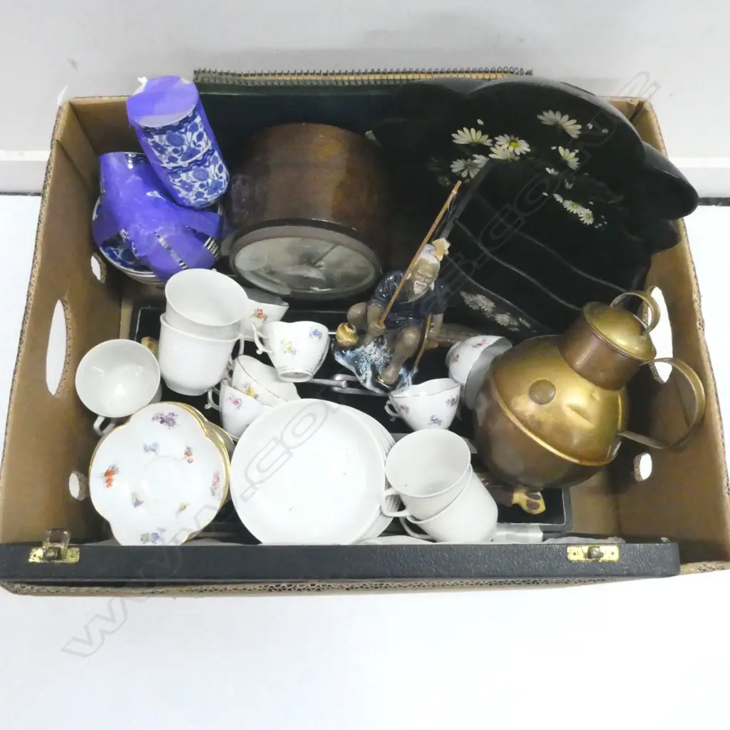 CASED CARVING SET, FISHERMAN MUD MAN, GERMAN MANTLE CLOCK, CRUMB TRAY, LETTER RACK, GUERNESEY COPPER VESSEL, C/S ETC Image 1++