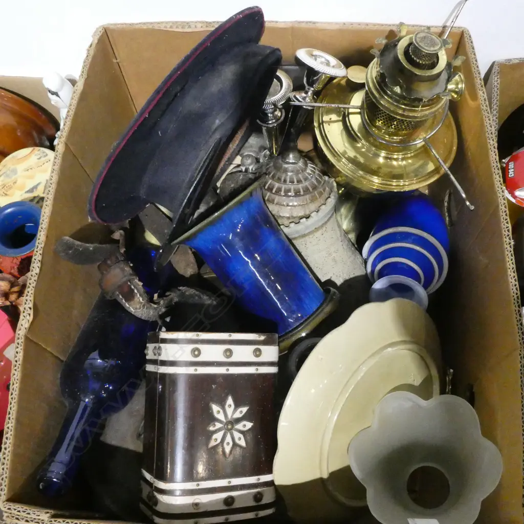 BOX OF VASES/PLATES/BRASS KERO LAMP/SILVER PLATE CANDLESTICKS ETC Image 1++