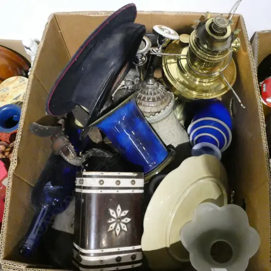 BOX OF VASES/PLATES/BRASS KERO LAMP/SILVER PLATE CANDLESTICKS ETC