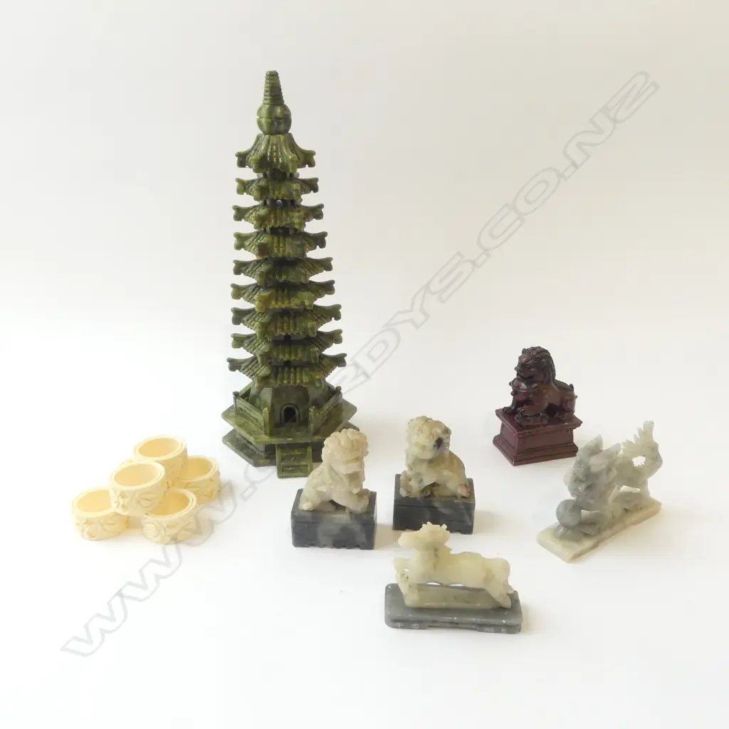 COLLECTION OF CARVED STONED ORIENTAL ORNAMENTS H.360mm + FAUX IVORY NAPKIN HOLDERS Image 1++