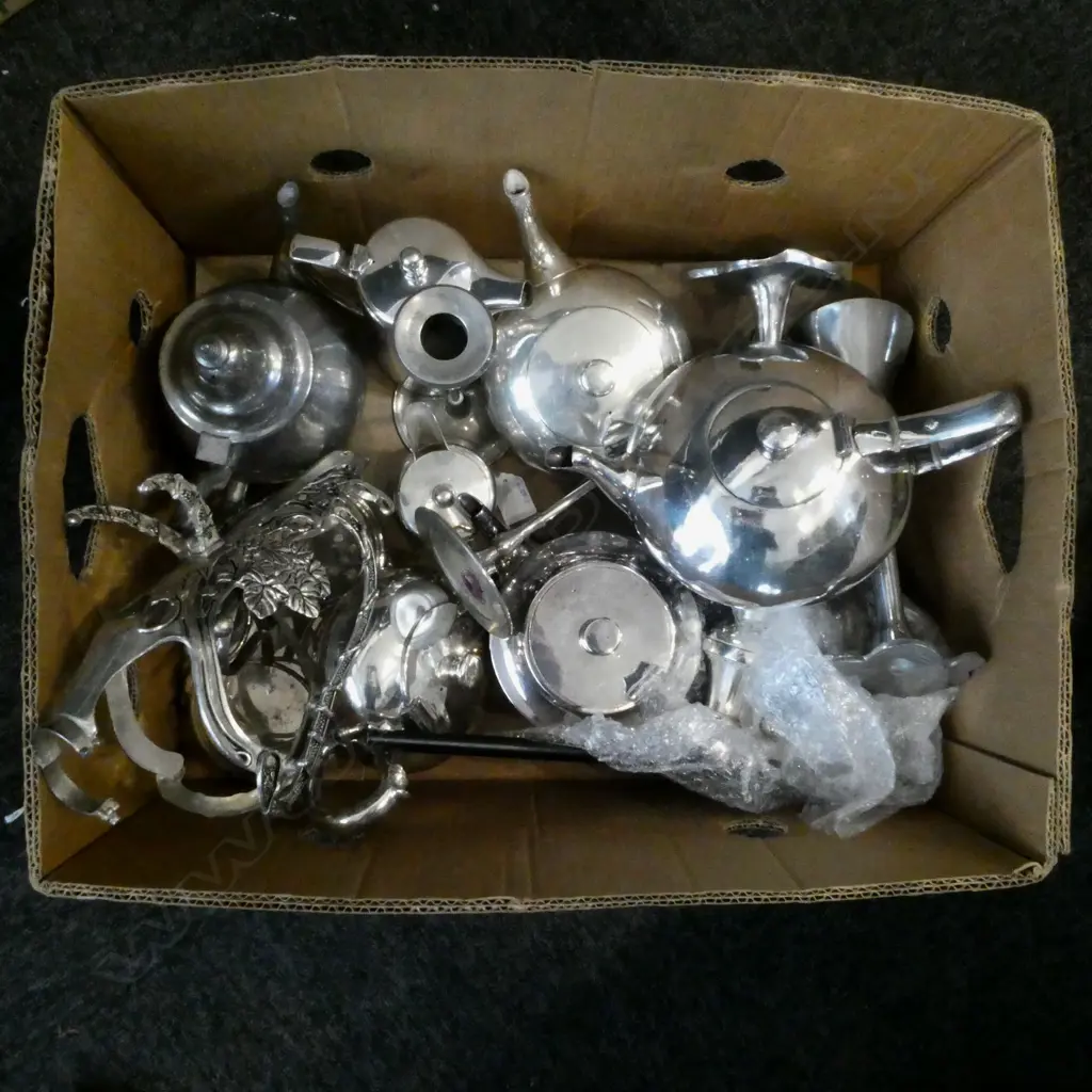 BOX OF ASST. SILVER PLATE, etc Image 1++