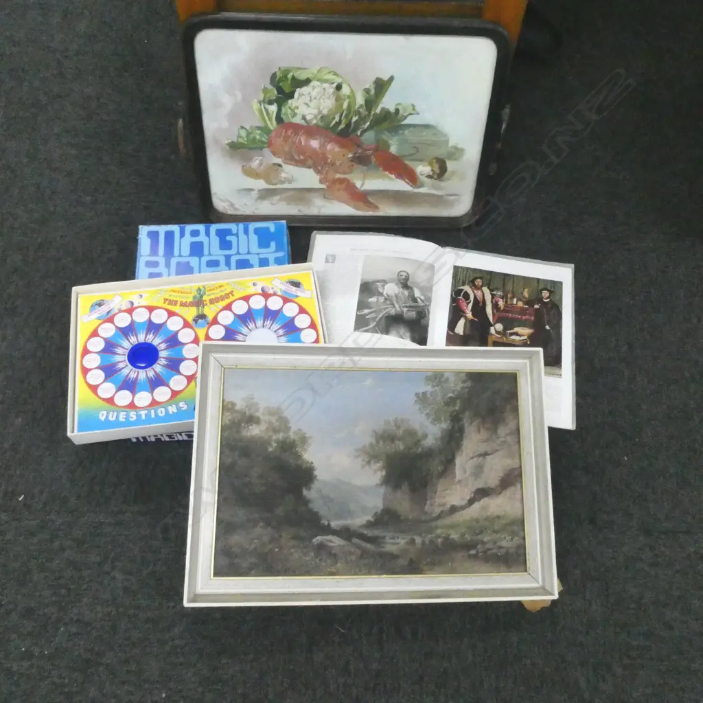 VINTAGE ITEMS; HANDPAINTED TRAY, ENGLISH OIL, MAGIC ROBOT GAME & 'SOCIAL PROGRESS' PUBLICATION Image 1++