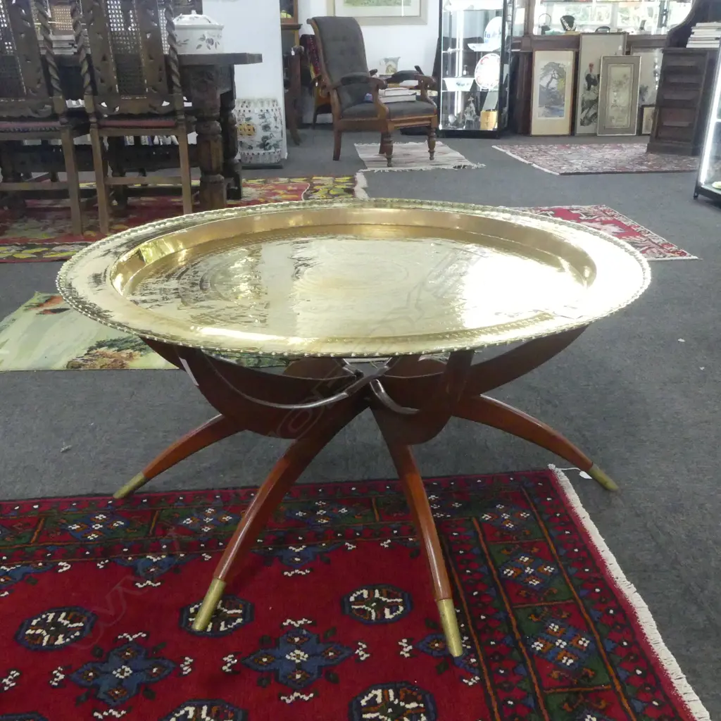 LGE PERSIAN ENGRAVED CIRCULAR TRAY with folding six way base. Dia.910mm. Decoration of dragon & other mythical animals Image 1++