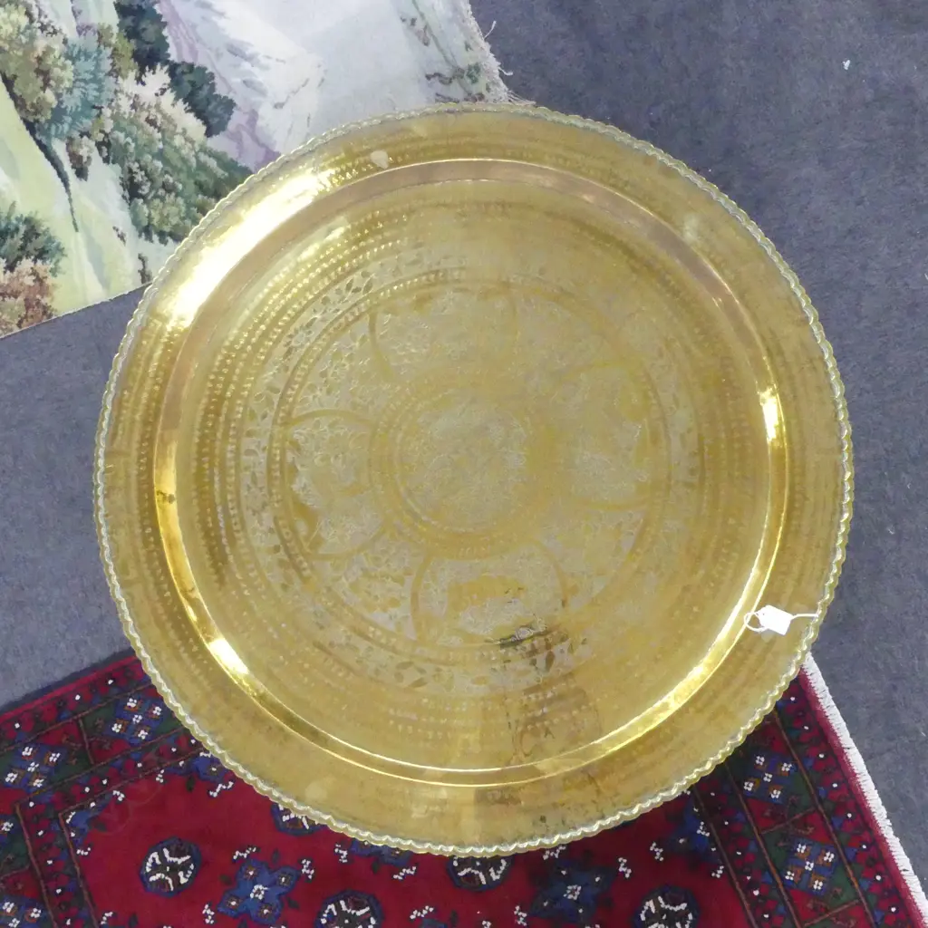 LGE PERSIAN ENGRAVED CIRCULAR TRAY with folding six way base. Dia.910mm. Decoration of dragon & other mythical animals Image 1++