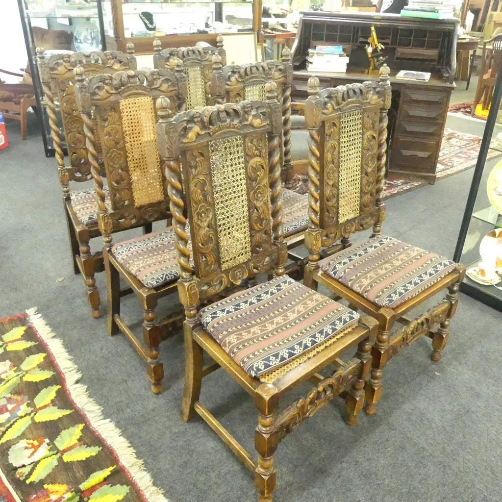 SET OF 6 CARVED OAK JACOBEAN STYLE CHAIRS  Image 1++