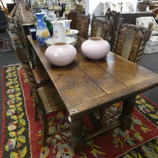 CARVED OAK TABLE ON STRETCHER BASE 830x2140x760mm