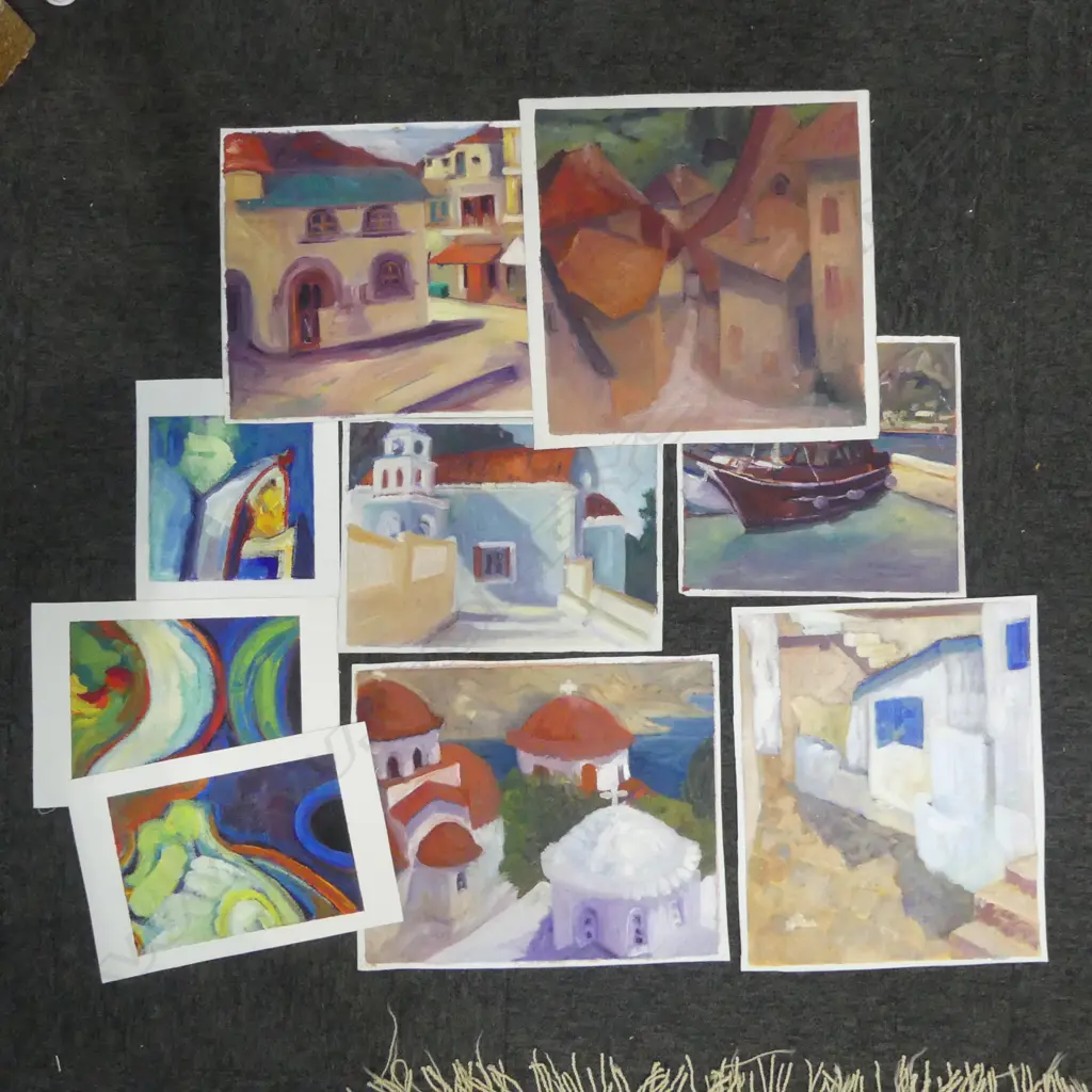 9 ACRYLIC ON CANVAS PAINTINGS BY GLENYS CULLIMORE GREECE ETC, ONE NAMED, L.230MM-360MM Image 1++