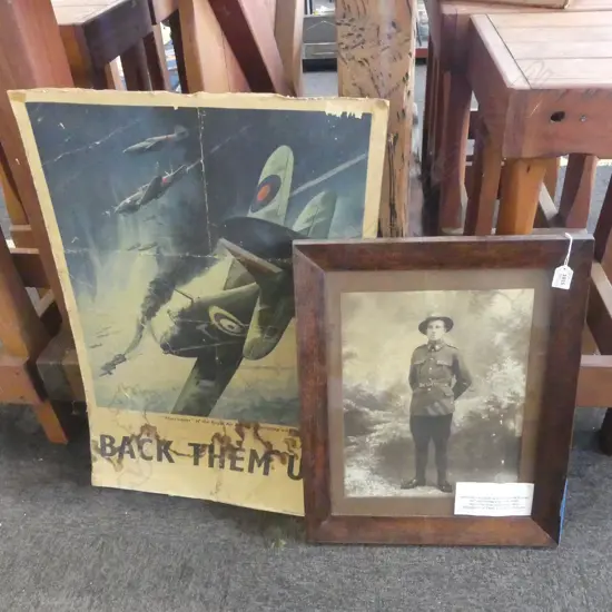 FRAMED PHOTOGRAPH OF PRIVATE GEORGE WALTER MOSEN, WELLINGTON INFRANTRY REG. IN OAK FRAME 540x430mm+ ORIGINAL WW2 POSTER