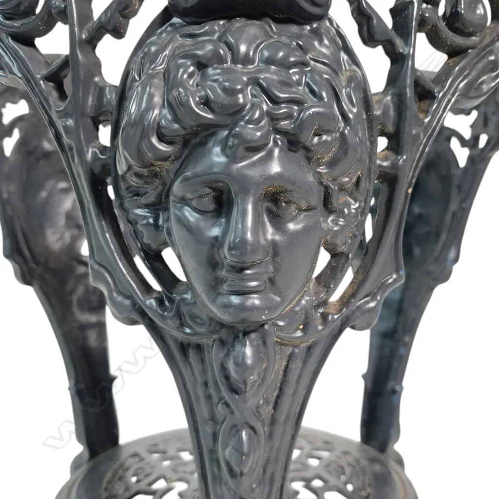 1960 VINTAGE ENGLISH PUB TABLE W THICK WOOD TOP - DARK PAINTED DECORATIVE BASE WITH A GREEK MASK FILIGREE APRON 750x750m Image 1++