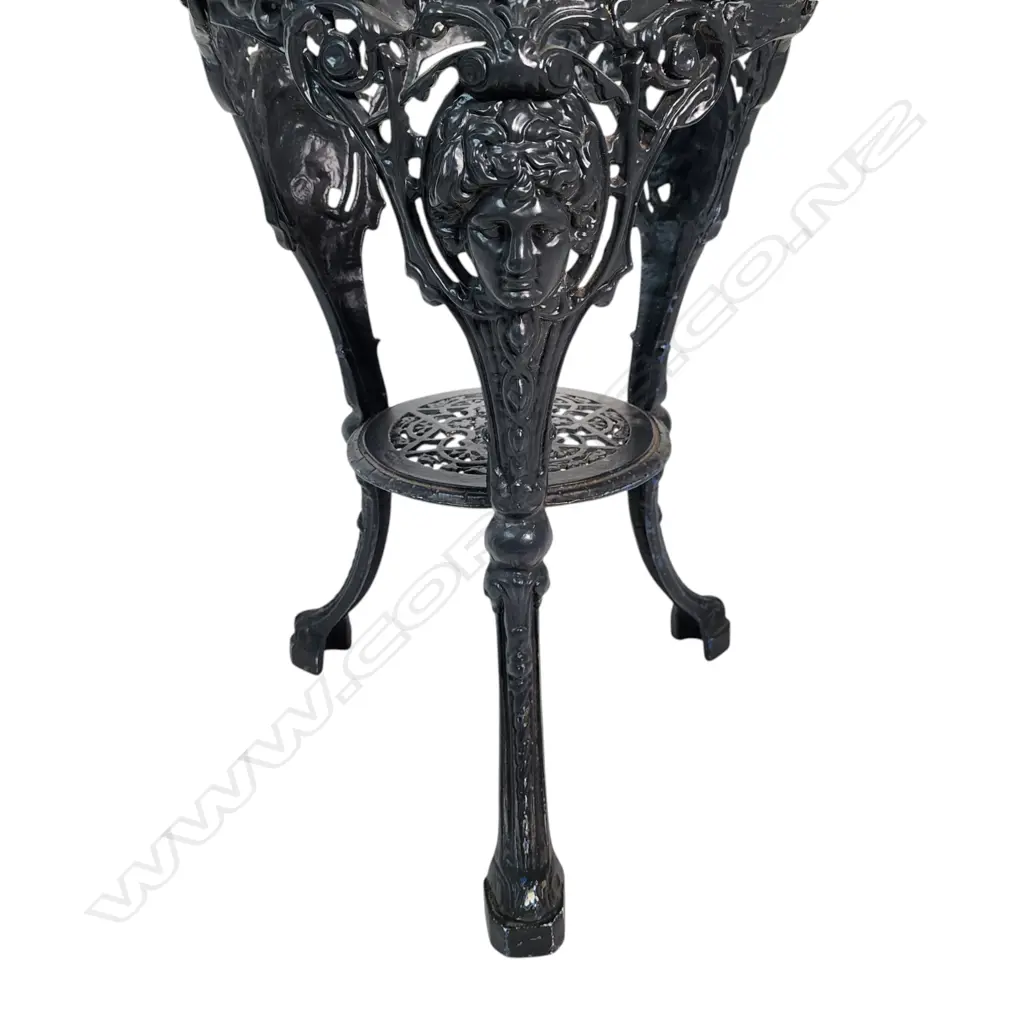 1960 VINTAGE ENGLISH PUB TABLE W THICK WOOD TOP - DARK PAINTED DECORATIVE BASE WITH A GREEK MASK FILIGREE APRON 750x750m Image 1++