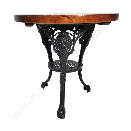1960 VINTAGE ENGLISH PUB TABLE W THICK WOOD TOP - DARK PAINTED DECORATIVE BASE WITH A GREEK MASK FILIGREE APRON 750x750m