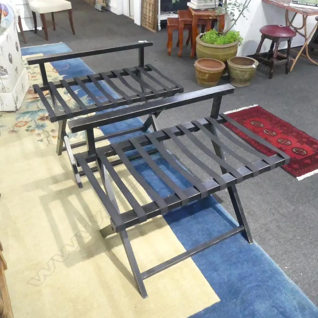 PR DISTRESSED EBONISED FOLDING LUGGAGE RACKS with canvas straps Image 1++