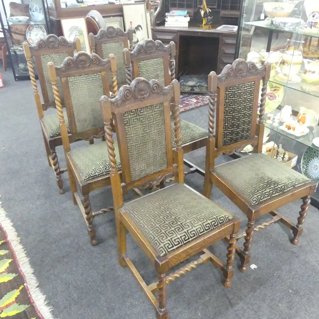 SET OF 6 CARVED OAK UPHOLSTERED DINING CHAIRS Image 1++