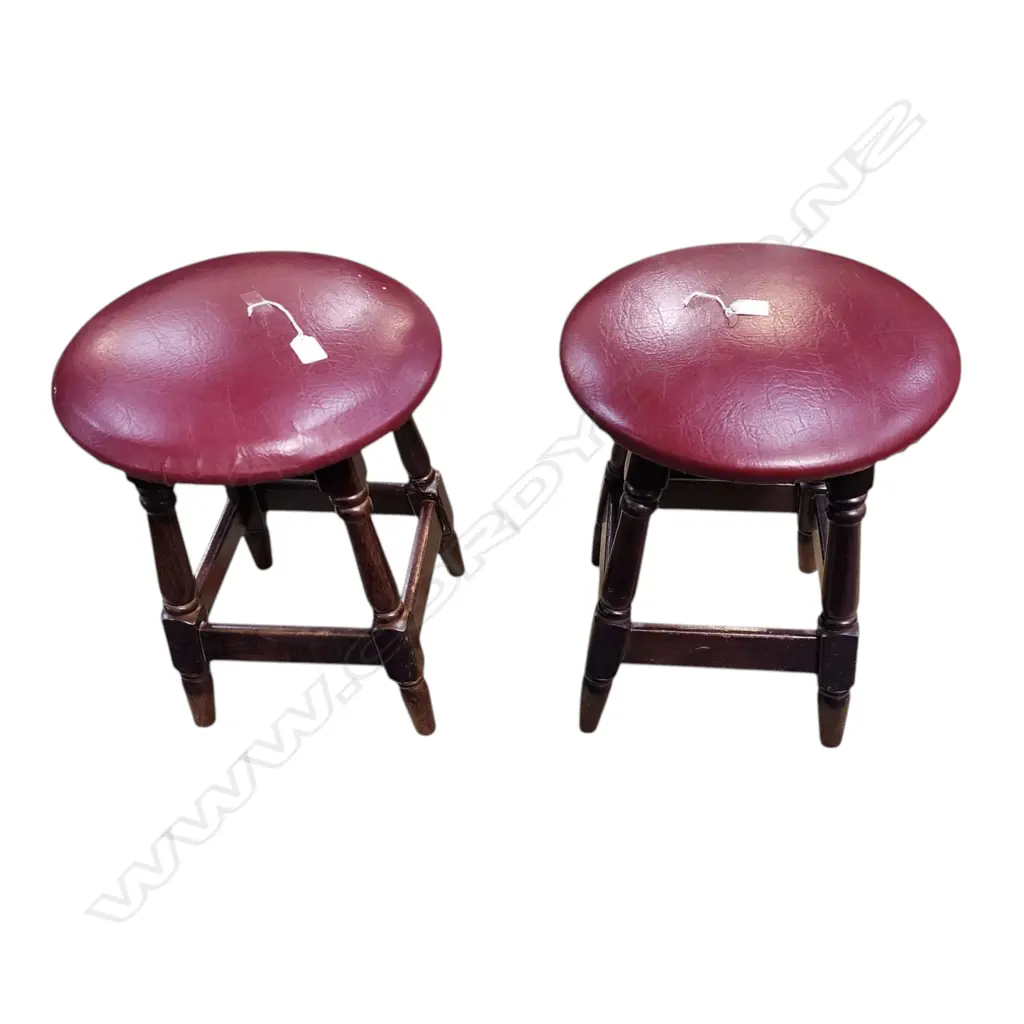 HEAVY PAIR OF VINTAGE WOODEN STOOLS – DARK WOOD WITH RED UPHOLSTERED SEATS 500 x 400mm Image 1++