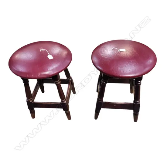 HEAVY PAIR OF VINTAGE WOODEN STOOLS – DARK WOOD WITH RED UPHOLSTERED SEATS 500 x 400mm