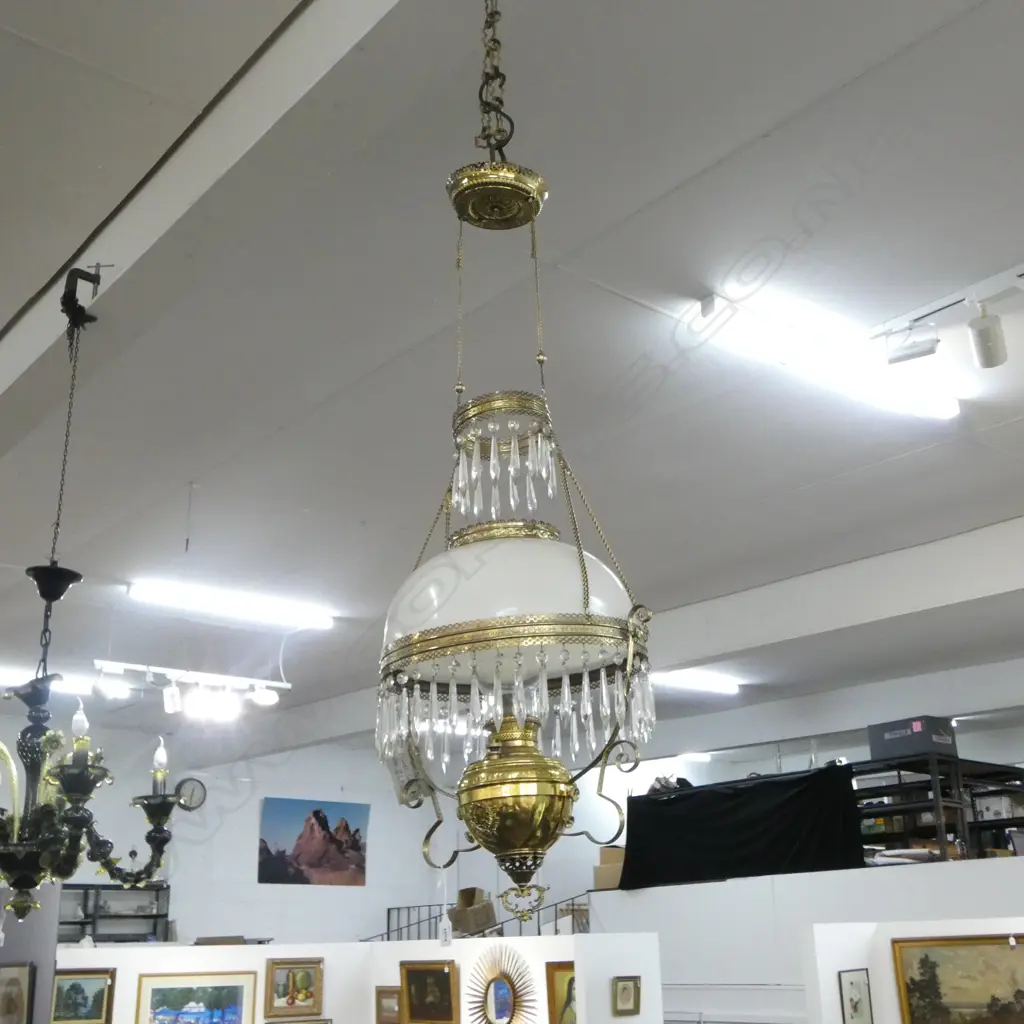 19THC BRASS RISE & FALL KEROSENE HANGING LAMP W MILK GLASS SHADE Image 1++