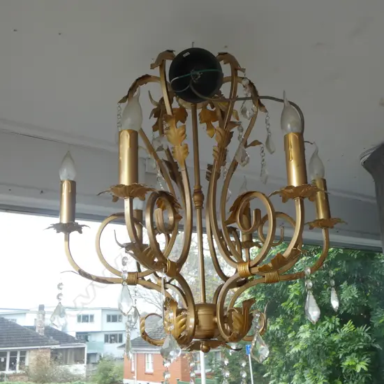 VINTAGE HEAVY GILT 6 ARM METAL CHANDELIER