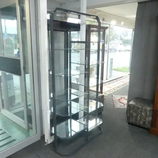 VINTAGE GLASS & METAL stepped MULTI DISPLAY SHELF UNIT - 8 glass shelves + 2 lower mirrored shelves. 1010 x 400 x 1980mm