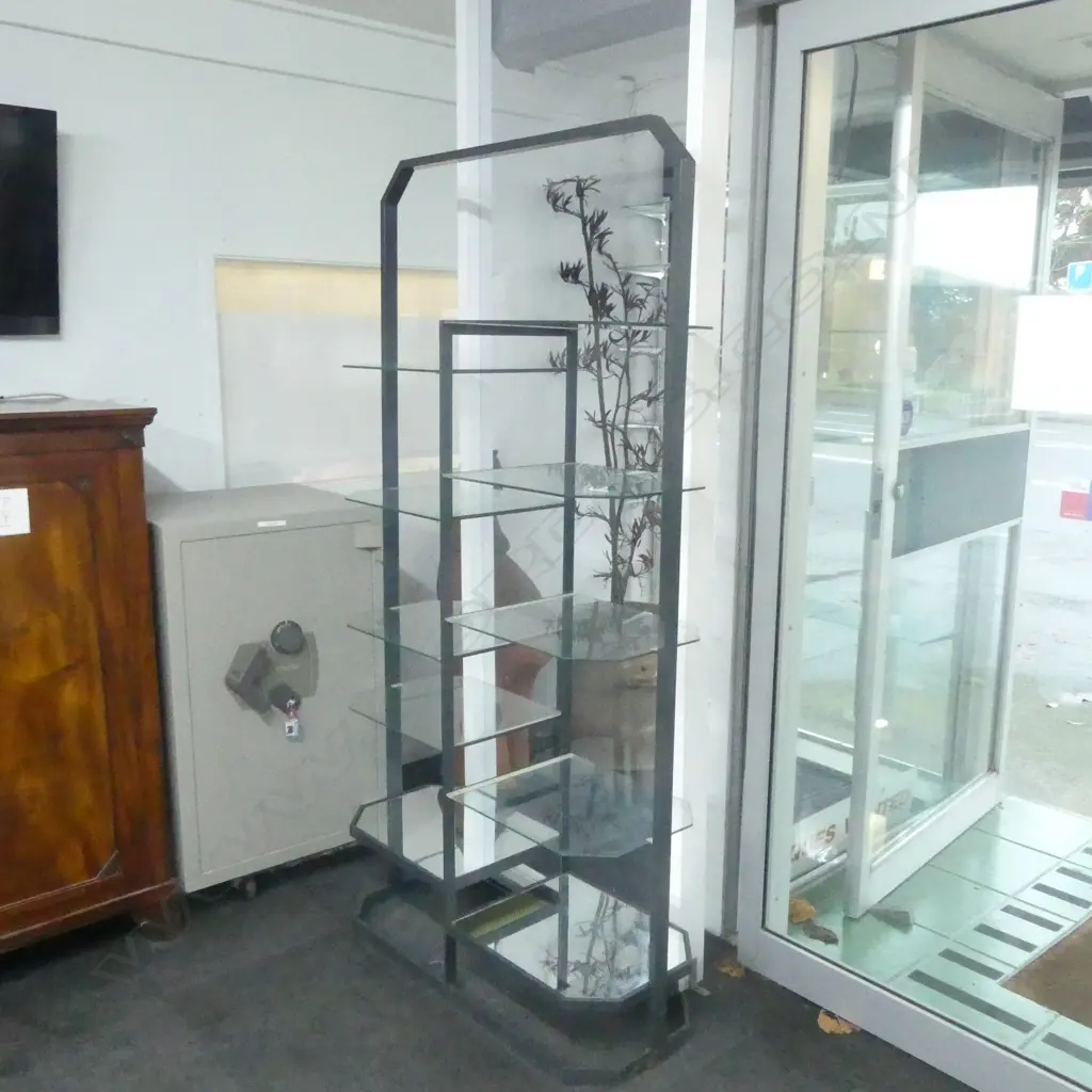 VINTAGE GLASS & METAL stepped MULTI DISPLAY SHELF UNIT - 8 glass shelves + 2 lower mirrored shelves. 1010 x 400 x 1980mm Image 1++