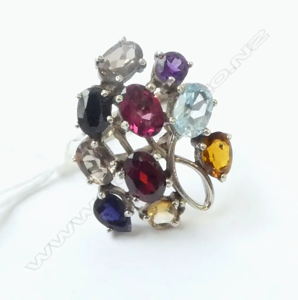 SILVER SET MULTI COLOURED NATURAL? STONE RING SIZE P Image 1++