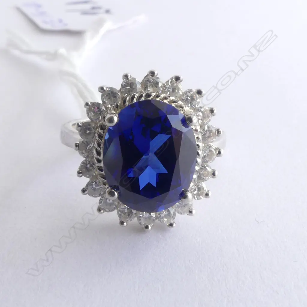 SILVER SYN SAPPHIRE & CZ DRESS RING SIZE M1/2 Image 1++