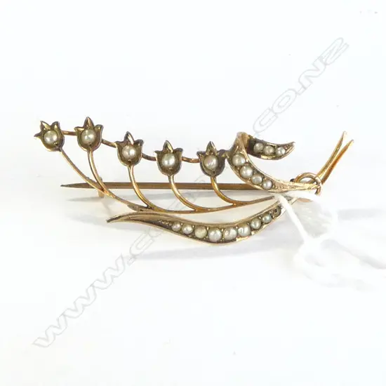 EDWARDIAN 9ct GOLD & SEED PEARL LILY OF THE VALLEY BROOCH 3gms
