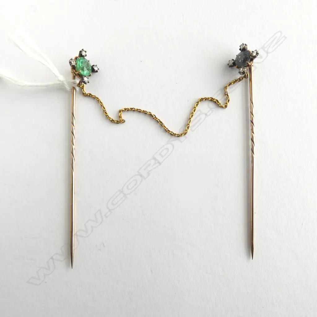 PR OF 19thC GOLD  9ct or higher DIAMOND & COLOURED STONE LINKED COAT STICK PINS 4.34gms Image 1++