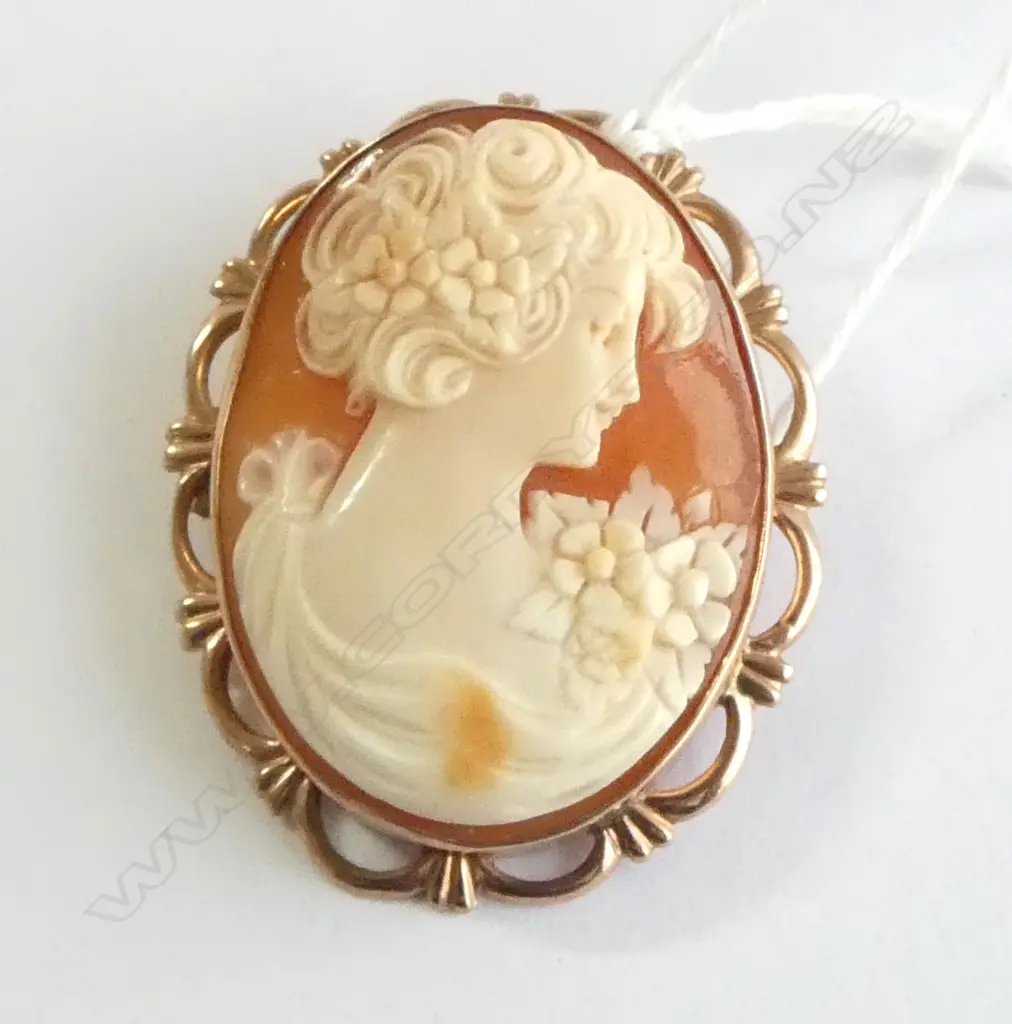 9ct ROSE GOLD FRAMED CAMEO BROOCH elegant woman in profile floral highlights 13gms  Image 1++