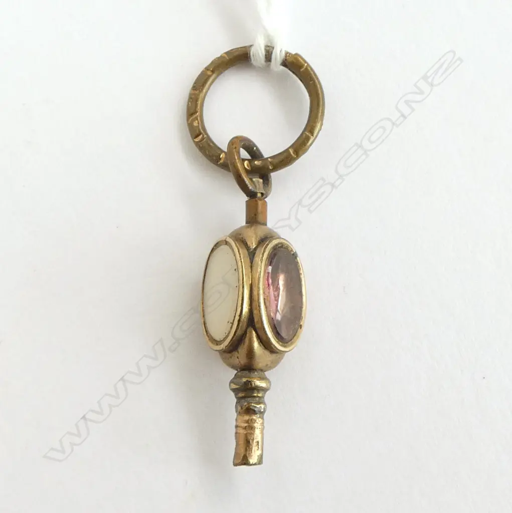 19thC GOLD PLATE FANCY POCKET WATCH KEY triangular form w 3 gem stone panels Image 1++