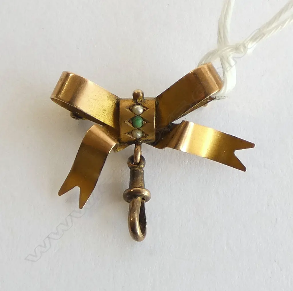EDWARDIAN 9ct GOLD BOW BROOCH set w turquoise + seed pearls & gold plate clip drop 2.43gms Image 1++