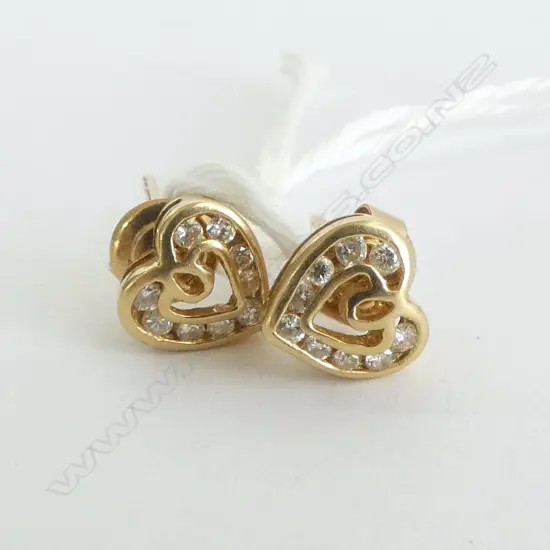 PR 18ct GOLD & DIAMOND EARRINGS heart form each w 9 channel set diamonds 1.7gms