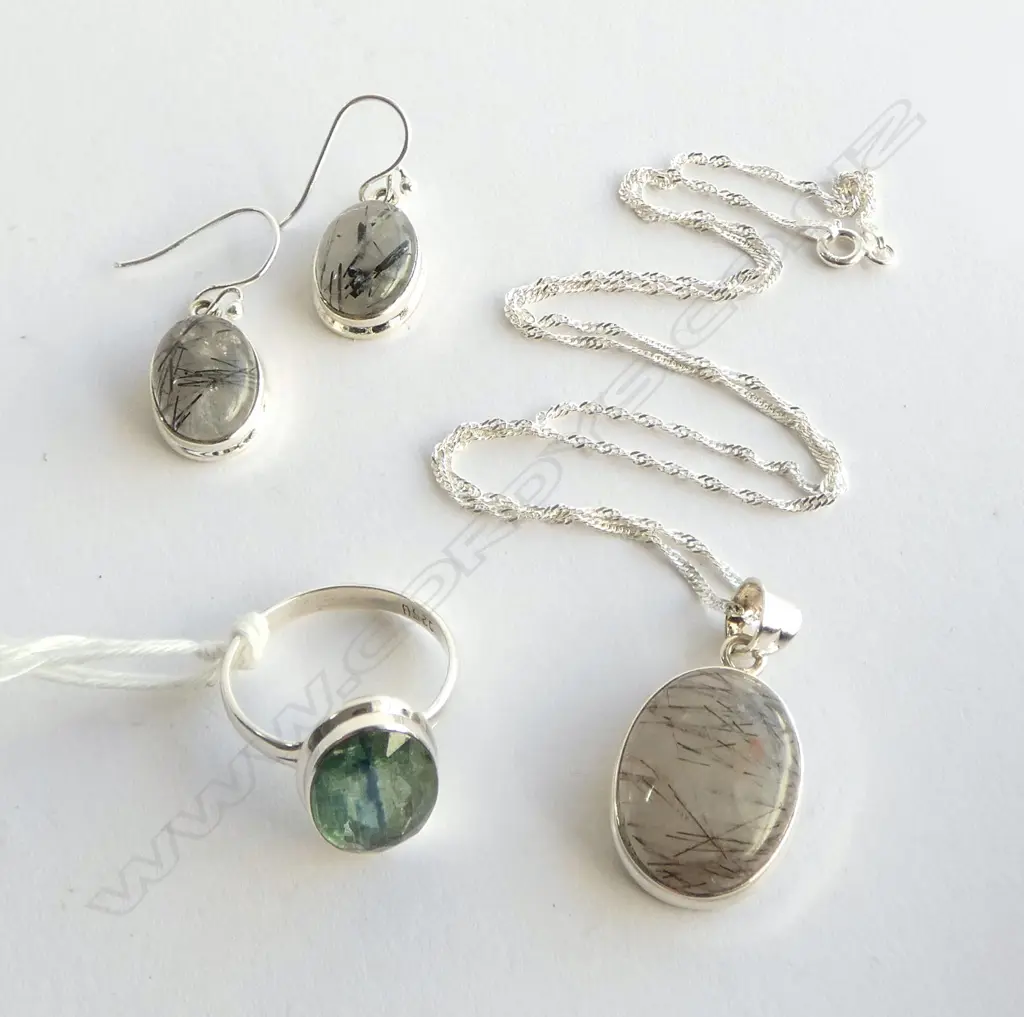 3 PC SILVER & RUTILE SET; NECKLACE, PR EARRINGS & RING Image 1++