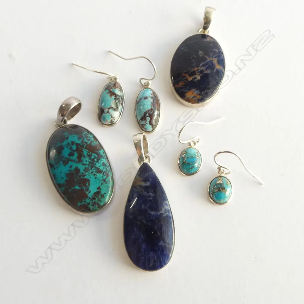 3 SILVER SET STONE PENDANTS & 2 PRS SILVER EARRINGS, NEW Image 1++